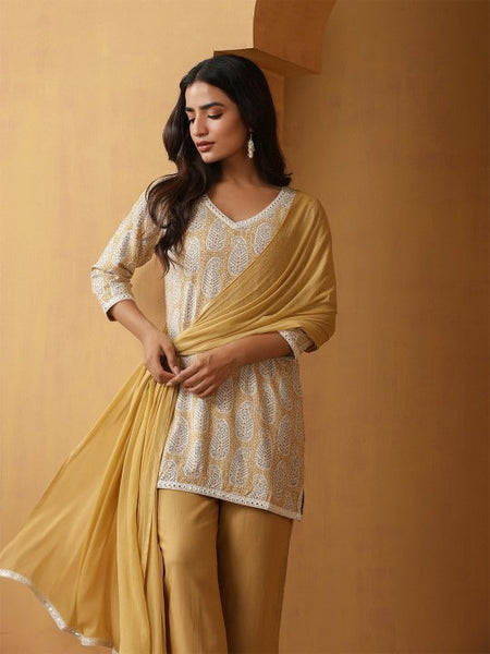 Women Paisley Printed Pure Cotton Straight Kurta With Palazzo And Dupatta Set VitansEthnics