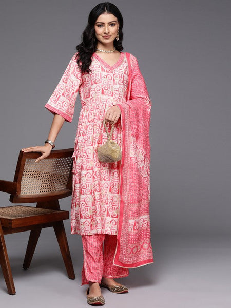 Women Printed Pleated Gotta Patti Kurta with Palazzos & Dupatta Set VitansEthnics