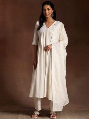 Women Ethnic Motifs High Slit Thread Work Pure Cotton Kurta with Palazzo & Dupatta Set VitansEthnics