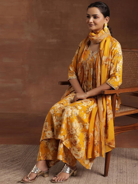 Women Floral Printed Empire Sequinned A-Line Kurta With Palazzo & Dupatta