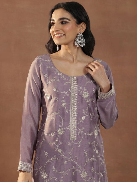 Mauve Floral Embroidered Round Neck Sequinned Straight Kurta With Trousers & Dupatta
