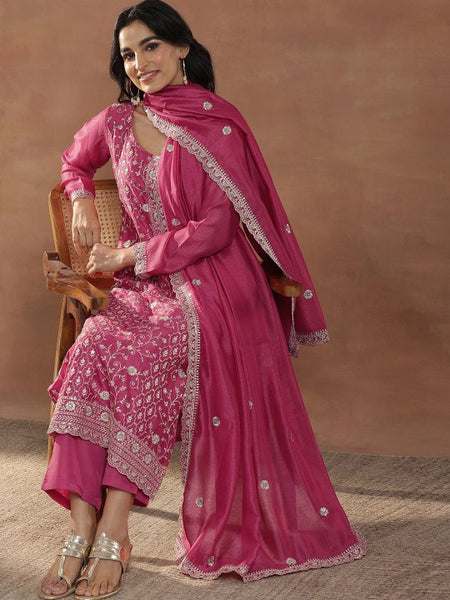 Pink Floral Embroidered Scoop Neck Sequinned Straight Kurta With Trousers & Dupatta