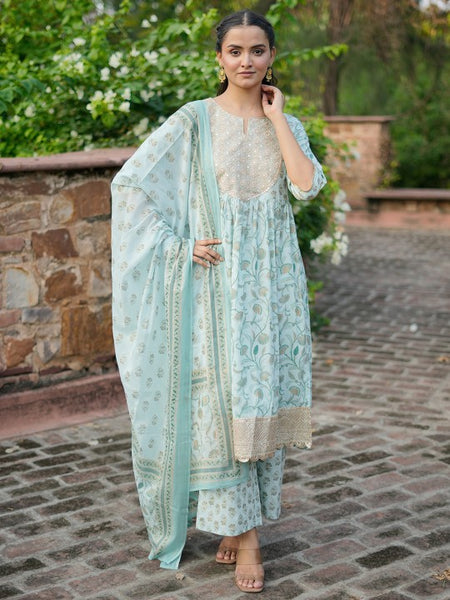 Women Floral Printed Pleated Gotta Patti Pure Cotton Kurta with Palazzos & Dupatta