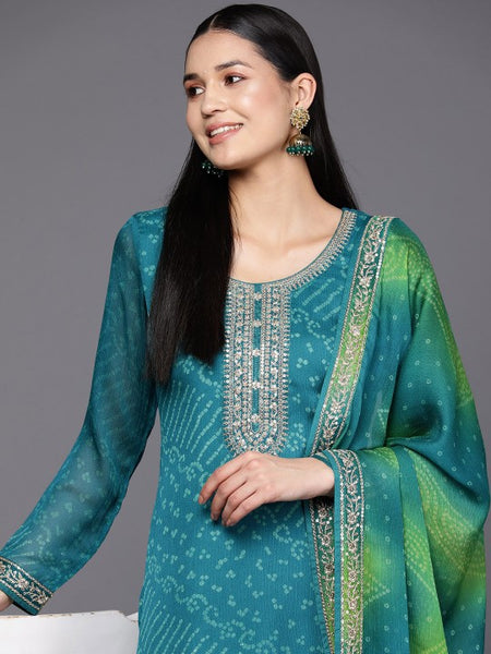 Women Turquoise Blue Bandhani Printed Kurta with Trousers & With Dupatta