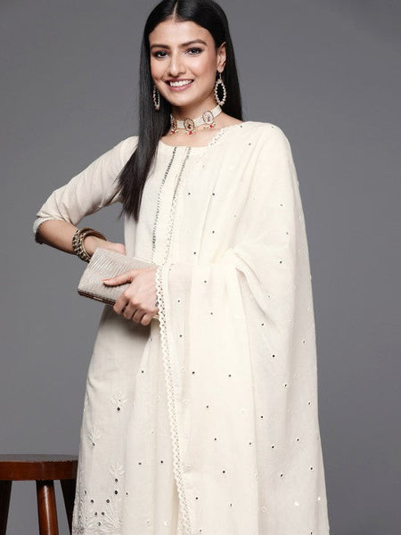 Women Off White Floral Mirror detail Cotton Straight Kurta & Palazzos with Dupatta Set VitansEthnics