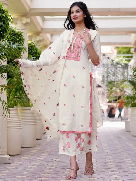 Women Off White & Pink Cotton Floral Thread Work Kurta with Palazzos & Dupatta Set