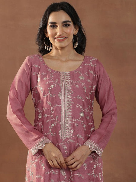 Pink Floral Embroidered Sequinned Straight Kurta With Trousers & Dupatta