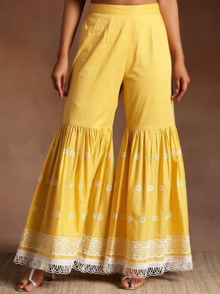 Women Ethnic Motifs Embroidered High Slit Pure Cotton Kurta & Sharara With Dupatta Set VitansEthnics