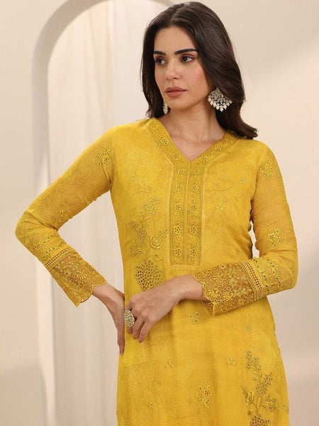 Floral Embroidered V-Neck Schiffli Straight Kurta With Trousers & Dupatta Set VitansEthnics