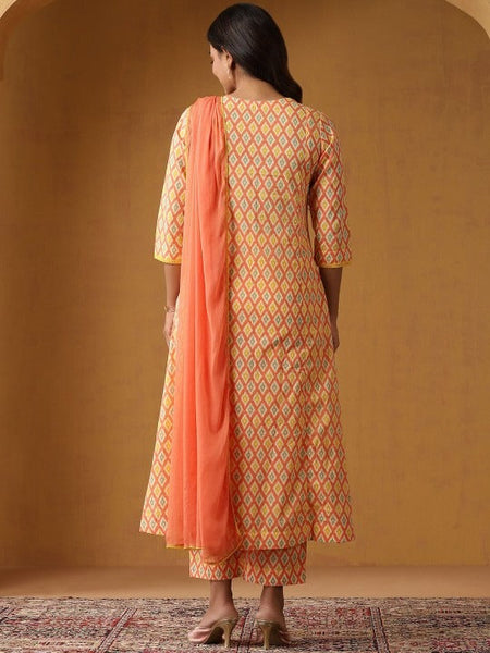 Women Geometric Printed Pure Cotton Straight Kurta With Palazzo And Dupatta Set VitansEthnics