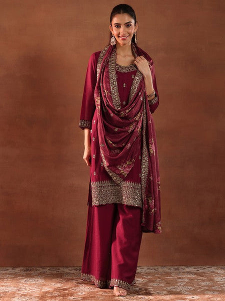 Women Floral Embroidered Sequinned Straight Kurta with Palazzos & Dupatta Set VitansEthnics