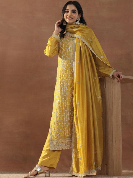Women Mustard Yellow Floral Embroidered Sequinned Straight Kurta With Trousers & Dupatta Set VitansEthnics