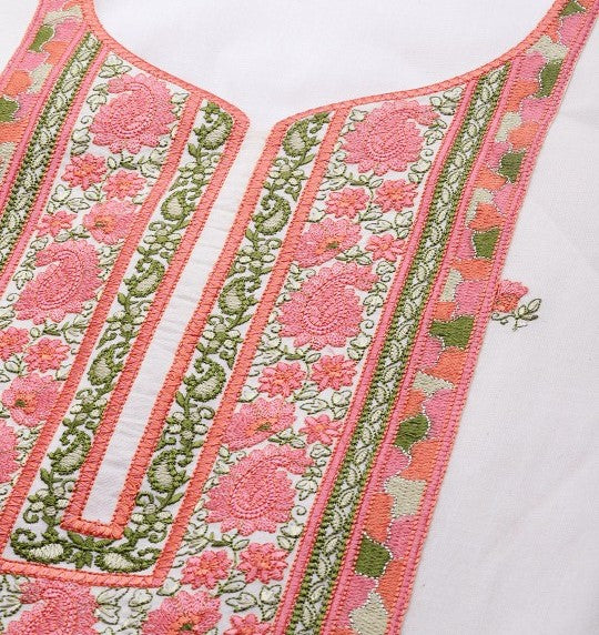 Women Off White & Pink Cotton Floral Thread Work Kurta with Palazzos & Dupatta Set