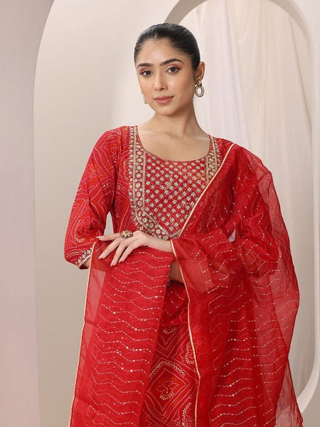 Women Red Bandhani Printed Thread Work Straight Kurta With Trousers & Dupatta Set VitansEthnics