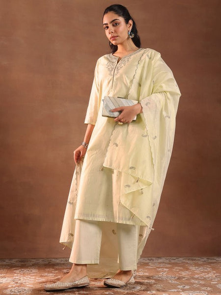 Floral Woven Design Thread Work Chanderi Silk Kurta With Trouser & Dupatta