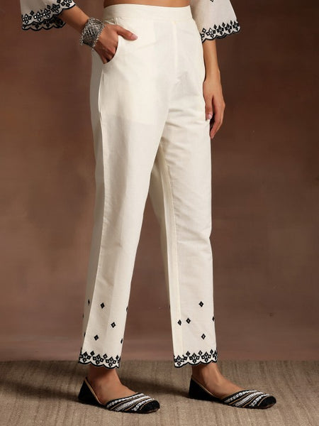 Floral Embroidered Pleated Thread Work Pure Cotton Kurta With Trousers & Dupatta Set