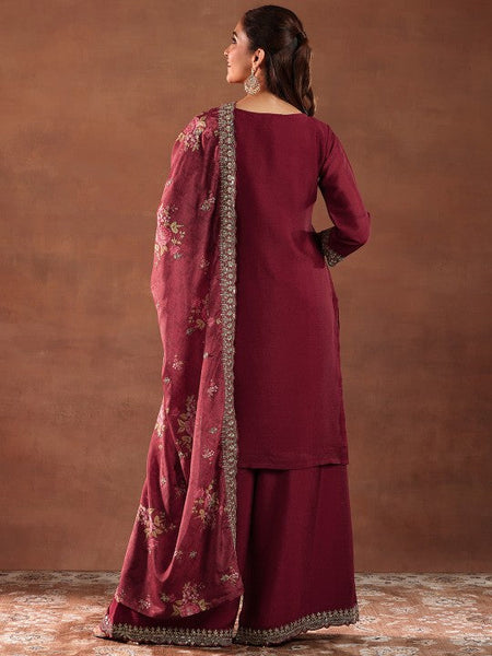 Women Floral Embroidered Sequinned Straight Kurta with Palazzos & Dupatta Set VitansEthnics
