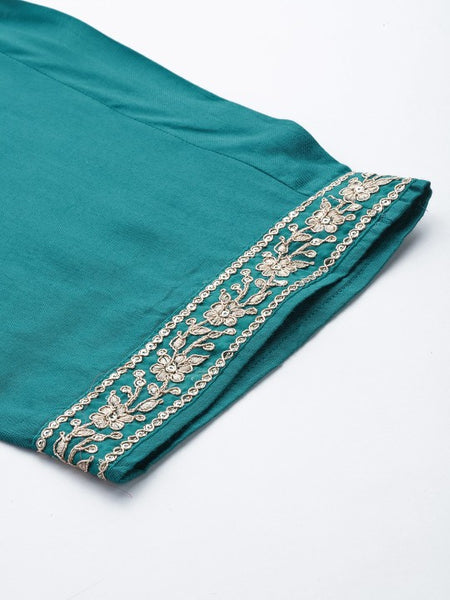 Women Turquoise Blue Bandhani Printed Kurta with Trousers & With Dupatta