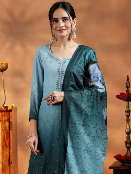 Women Ombre Regular Beads and Stones Kurta with Trousers & With Dupatta Set VitansEthnics