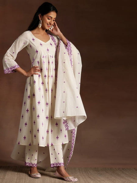 Ethnic Motifs Embroidered Mirror Work Pure Cotton Kurta with Trousers & Dupatta Set