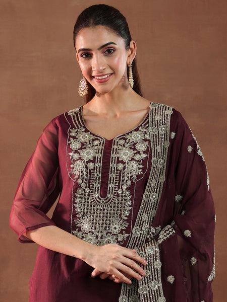 Maroon and Gold Floral Zari Yoke Design Straight Kurta with Trouser & Dupatta