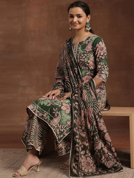 Women Green Floral Printed Gotta Patti Pure Cotton Kurta With Palazzos & Dupatta