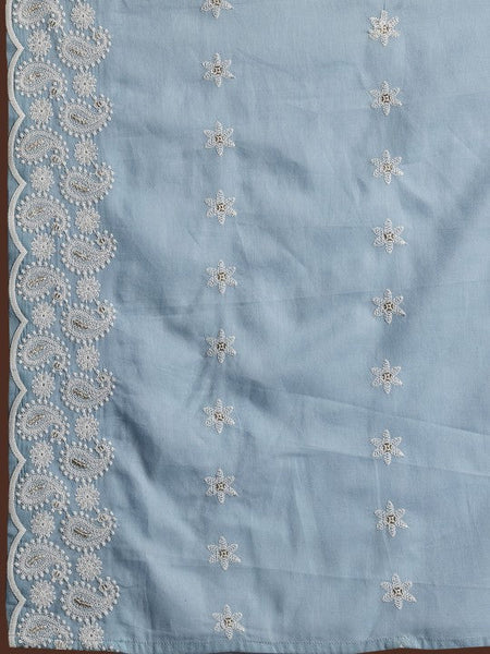 Women Blue Paisley Embroidered V-Neck Flared Thread Work Pure Cotton A-Line Kurta Set VitansEthnics