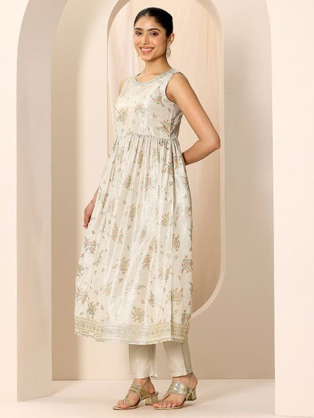 Women Floral Printed Round Neck Sleeveless Anarkali Kurta With Trousers And Dupatta Set VitansEthnics