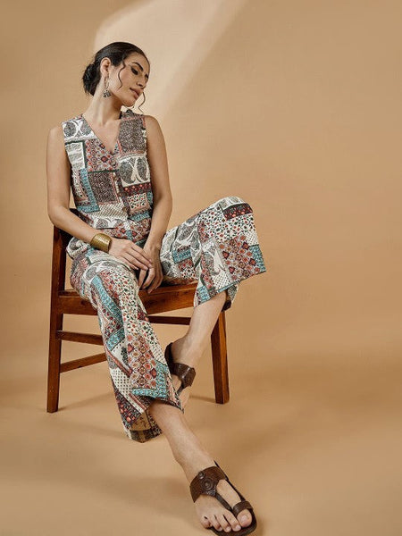 Women Ethnic Printed Pure Cotton Waistcoat With Trousers Set Indo-Western Outfit VitansEthnics