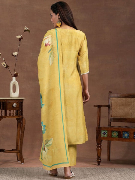 Women Floral Yoke Design Thread Work Notch Neck Straight Kurta with Trousers & Dupatta Set VitansEthnics