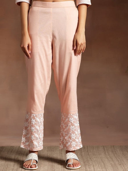 Women Peach Ethnic Motifs Embroidered V-Neck Thread Work Pure Cotton A-Line Kurta Set VitansEthnics