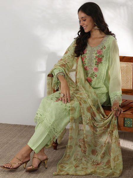 Women Floral Embroidered Thread Work Straight Kurta with Trousers & Dupatta Set