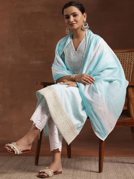 Women Blue Floral Printed Sequinned Pure Cotton Kurta with Trousers & Dupatta
