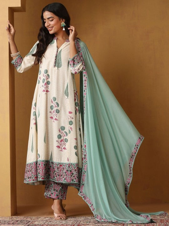 Women Floral Printed Mandarin Collar Pure Cotton A-Line Kurta With Trousers & Dupatta VitansEthnics