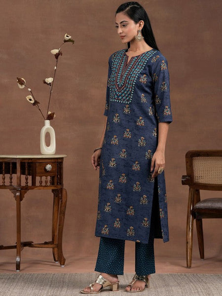 Women Floral Printed Thread Work Straight Kurta With Palazzos & Dupatta Set VitansEthnics