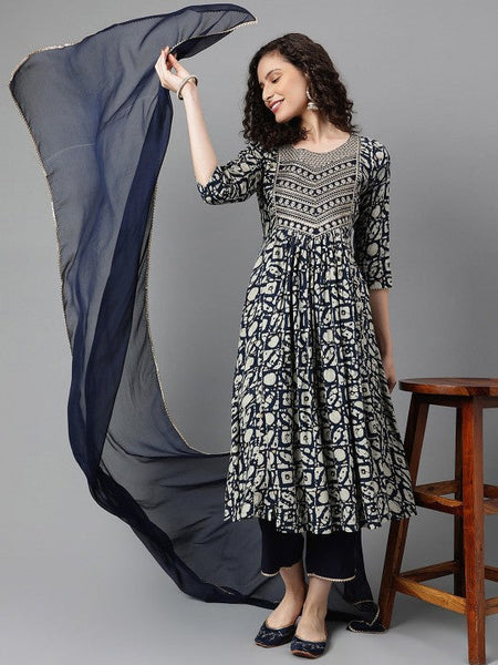 Women Printed Empire Thread Work Kurta with Palazzos & With Dupatta Set VitansEthnics