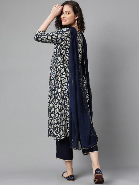 Women Printed Empire Thread Work Kurta with Palazzos & With Dupatta Set VitansEthnics