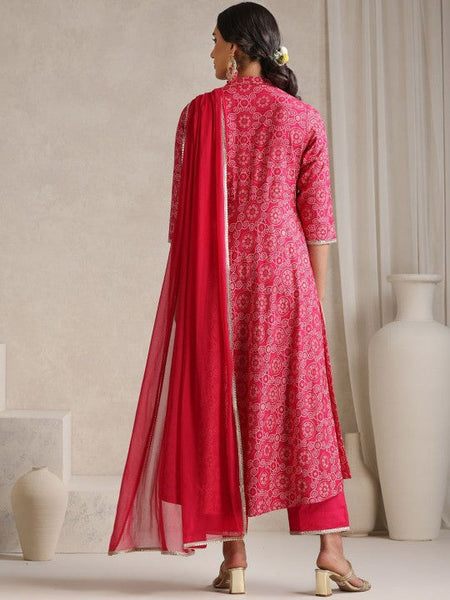 Women Bandhani Printed Mandarin Collar Panelled Anarkali Kurta With Trouser & Dupatta VitansEthnics
