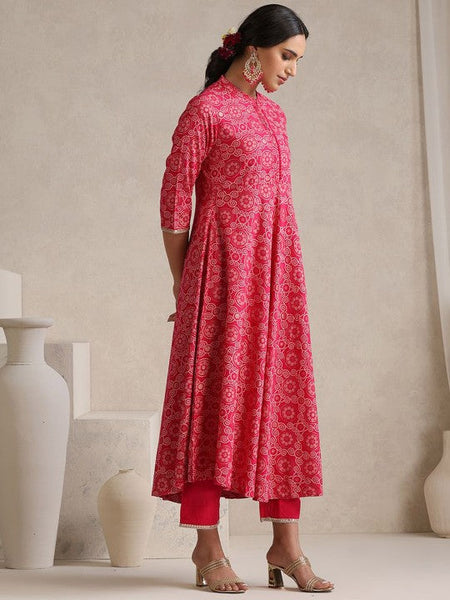 Women Bandhani Printed Mandarin Collar Panelled Anarkali Kurta With Trouser & Dupatta VitansEthnics