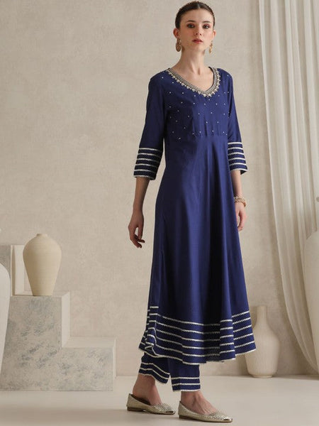 Women Floral Embroidered Gotta Patti V-Neck Anarkali Kurta With Palazzos & Dupatta VitansEthnics