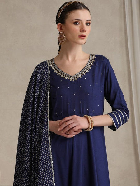 Women Floral Embroidered Gotta Patti V-Neck Anarkali Kurta With Palazzos & Dupatta VitansEthnics