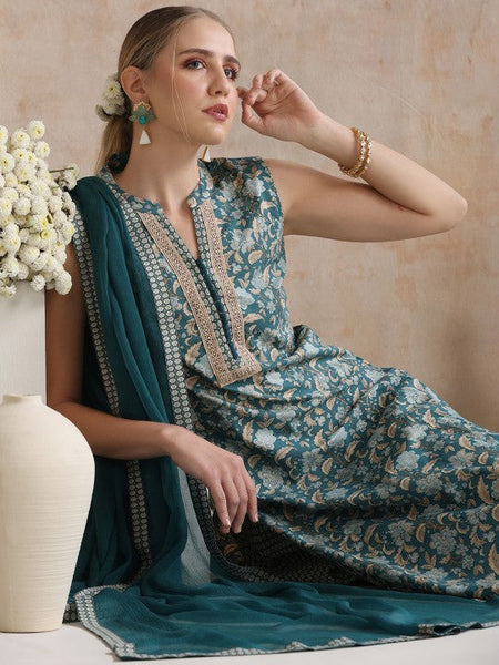Women Ethnic Motifs Mandarin Collar Pure Cotton Kurta with Palazzos & With Dupatta Set VitansEthnics