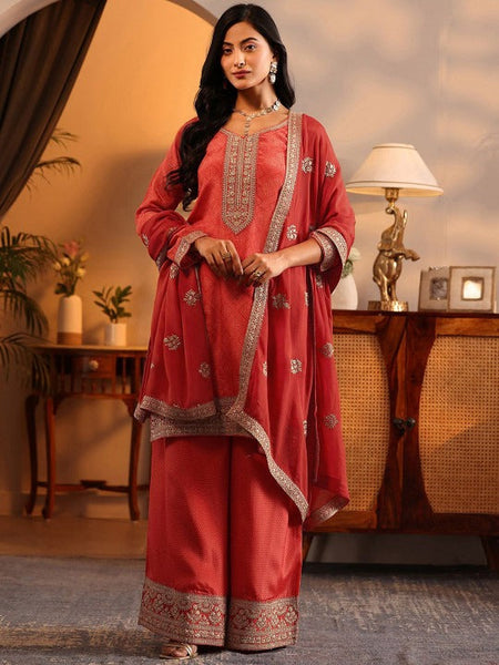 Women Orange Bandhani Printed Thread Work Kurta with Palazzos & With Dupatta VitansEthnics