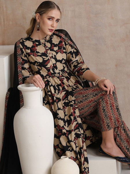 Women Floral Printed Flared Pure Cotton Kurta with Palazzos & With Dupatta Set VitansEthnics