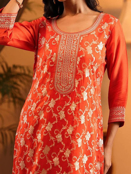 Women Floral Woven Design Round Neck Straight Kurta With Palazzo & Dupatta VitansEthnics