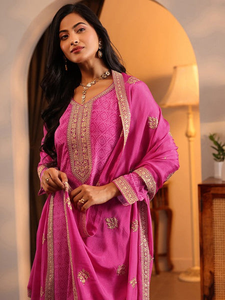 Women Bandhani Printed Thread Work Kurta with Palazzos & With Dupatta VitansEthnics