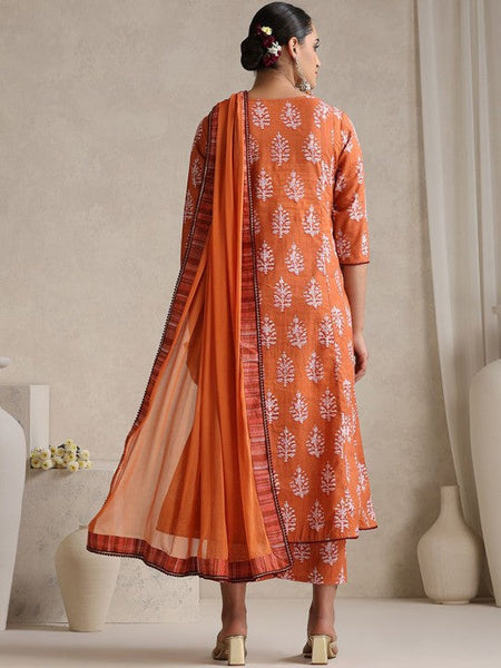 Women Floral Printed V Neck Pure Cotton A-Line Kurta With Palazzos & Dupatta Set VitansEthnics