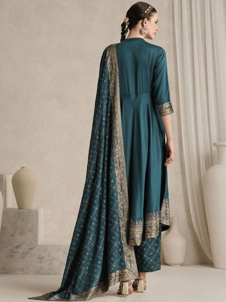 Women Ethnic Motifs Printed Mandarin Collar A-Line Kurta With Trousers And Dupatta Set VitansEthnics