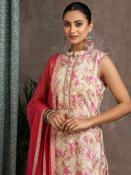 Women Floral Printed Mandarin Collar Pure Cotton Kurta with Palazzos & With Dupatta Set VitansEthnics