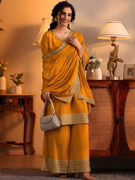 Women Yellow Bandhani Printed Thread Work Kurta with Palazzos & With Dupatta VitansEthnics